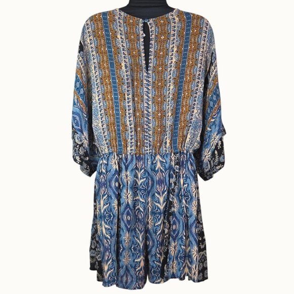 Free People Boho Blue & Brown Floral Print Tie-Waist Romper Size S - Picture 4 of 9